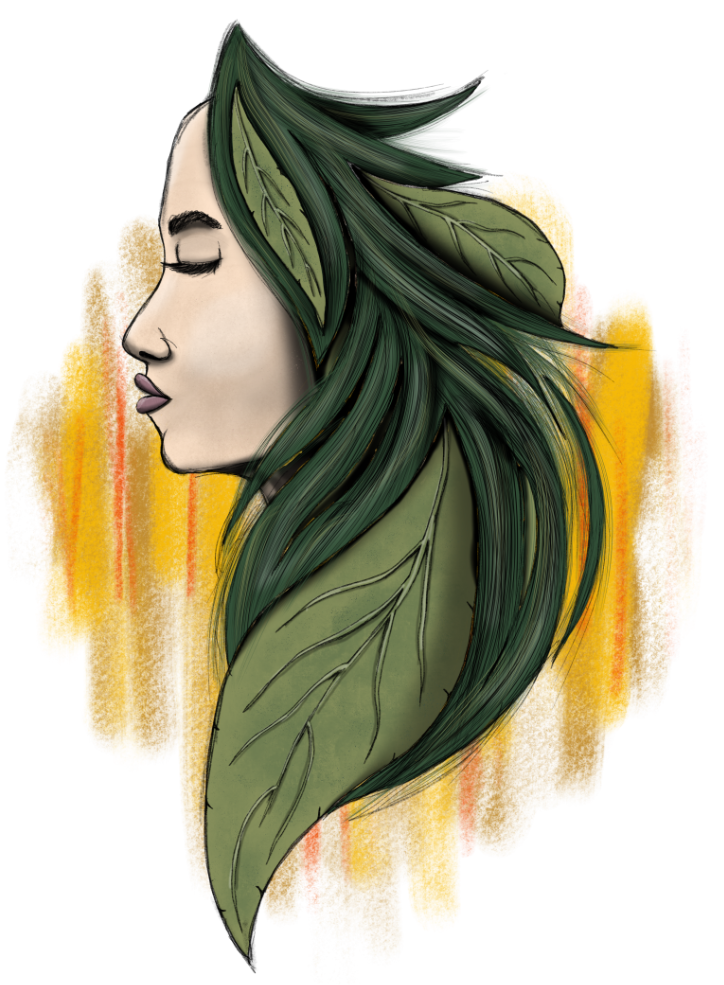 Narysowana głowa kobiety, z liściami we włosach